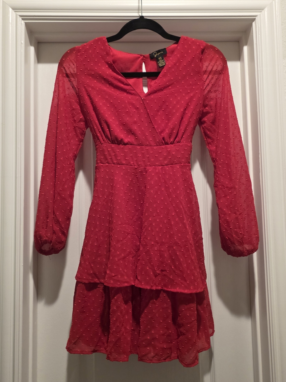 Red Long-Sleeve Tiered Dot-Texture Chiffon Dress
